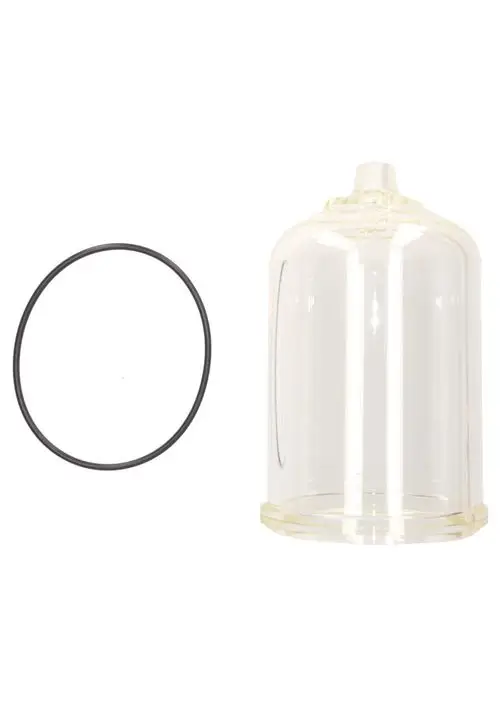 Transparente Filterglocke von Judo mit einem schwarzen Gummi O-Ring daneben, geeignet für verschiedene Anwendungen in der Wasseraufbereitung.